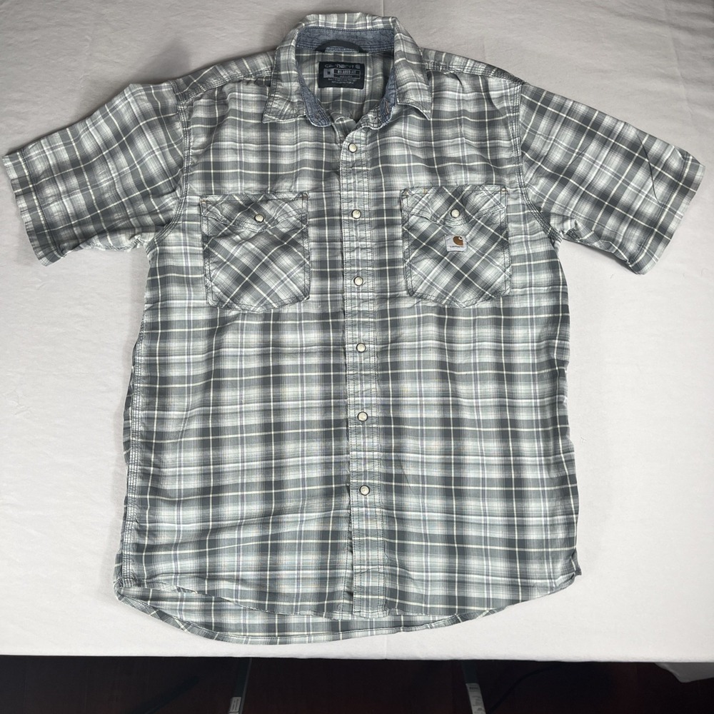 Carhartt Relaxed Fit Plaid Short Sleeve Button Up Shirt Mens Medium Gray/White‎